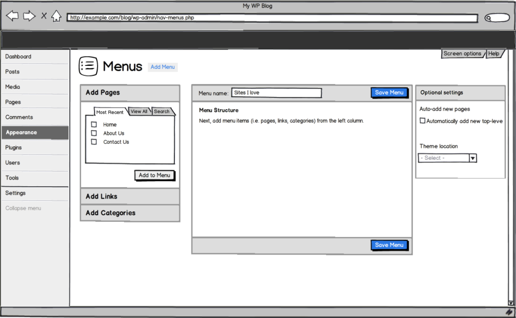 wireframe menus wordpress