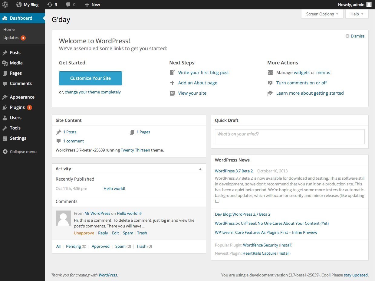 Imagem mostrando como ficou o novo dashboard do WordPress