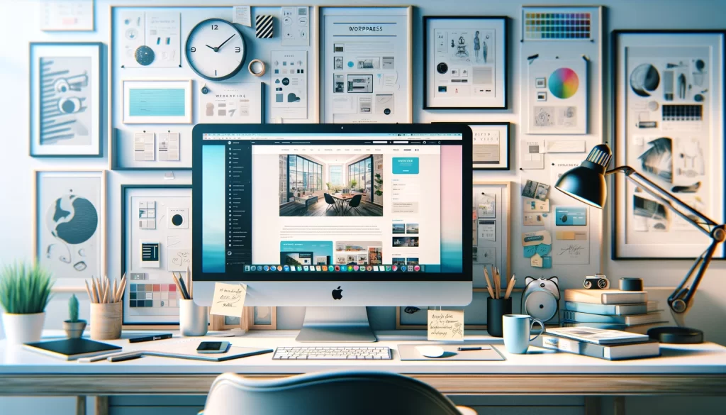 Imagem ilustrando uma mesa de designer, criando um tema WordPress em seu iMac