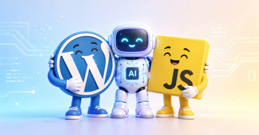 wordpress amigo ia Imagem com a logo do WordPress, um robo simbolizando IA, e a logo do WordPress, em formatos humanizados.